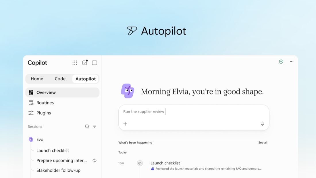 L'onglet Autopilot de l'application Copilot : un message d'accueil, une zone où l'utilisatrice écrit « Run the supplier review », la liste des travaux en cours et le fil de ce qui a été fait dans la journée.