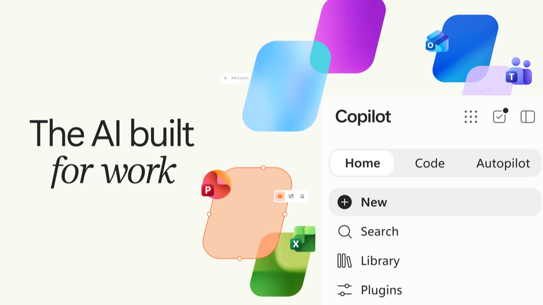 La nouvelle application Copilot et ses trois onglets, Home, Code et Autopilot, entourés des icônes d'Outlook, de Teams, de PowerPoint et d'Excel.