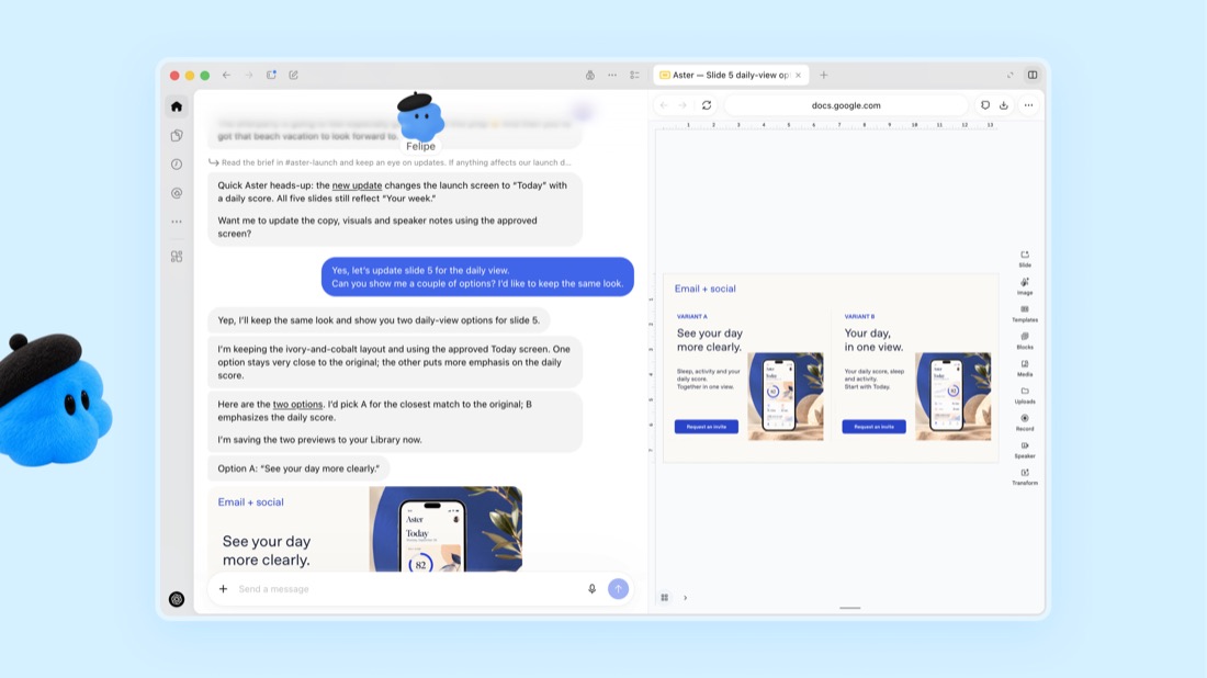 Un dot nommé Felipe dans ChatGPT : à gauche la conversation, où il propose deux versions d'une diapositive ; à droite le document Google Slides qu'il modifie.