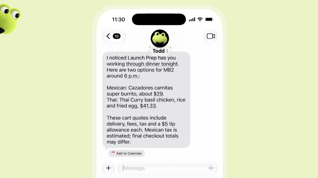 Un message reçu sur téléphone d'un dot nommé Todd : il a remarqué qu'une préparation de lancement occuperait la soirée et propose deux dîners à commander, avec leur prix.