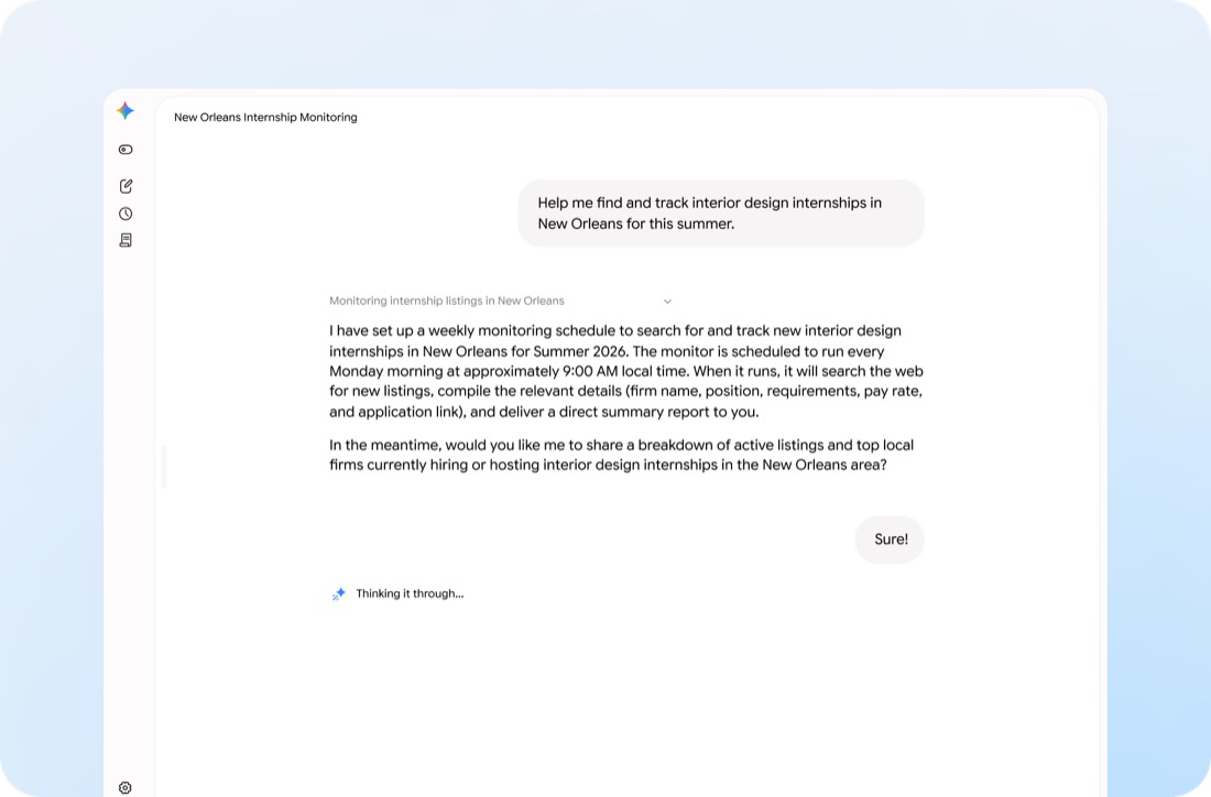 Conversation avec Gemini Spark : l'utilisateur demande de trouver et de suivre des stages de design d'intérieur à La Nouvelle-Orléans ; Spark répond qu'il a programmé une recherche chaque lundi matin.