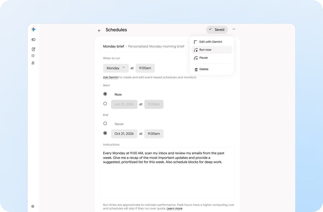 Écran « Schedules » de Gemini Spark : une tâche « Monday brief » réglée chaque lundi à 9 heures, avec un menu pour la lancer, la mettre en pause ou la supprimer, et la consigne écrite en clair.