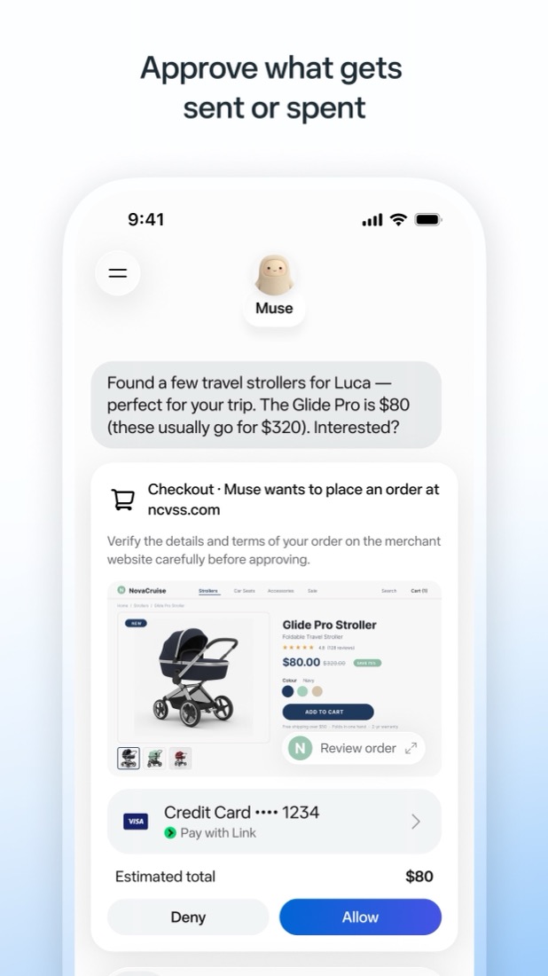 Muse demande l'accord avant de passer une commande de 80 dollars : boutons Refuser et Autoriser, carte bancaire affichée.