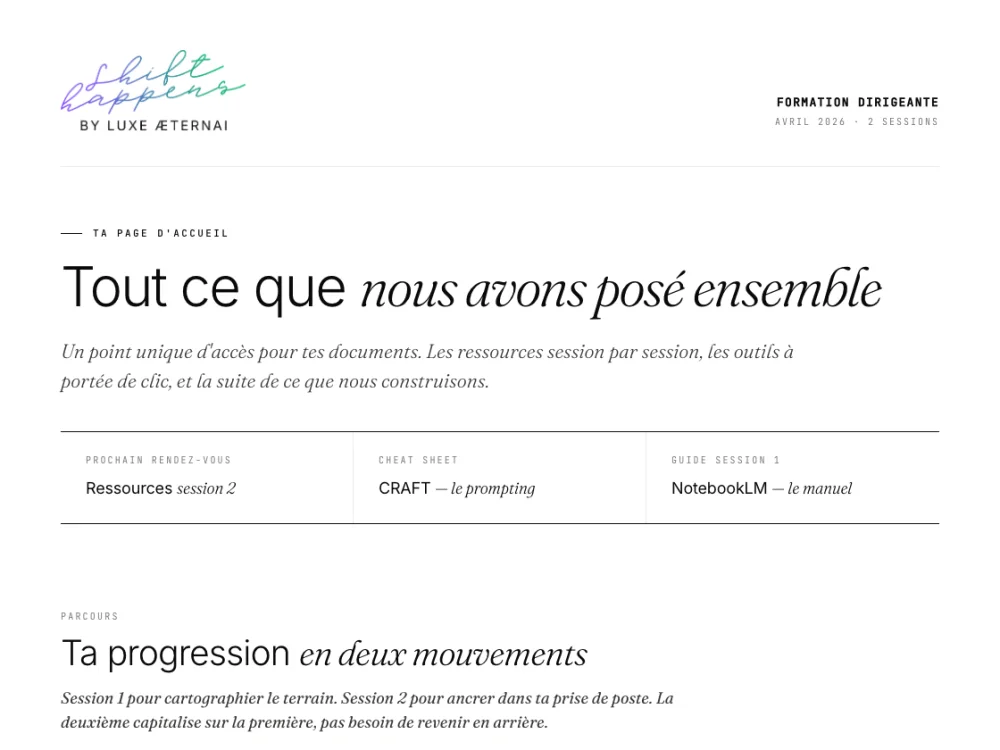 Livrable : le hub de formation, point d'accès unique aux ressources des deux sessions.