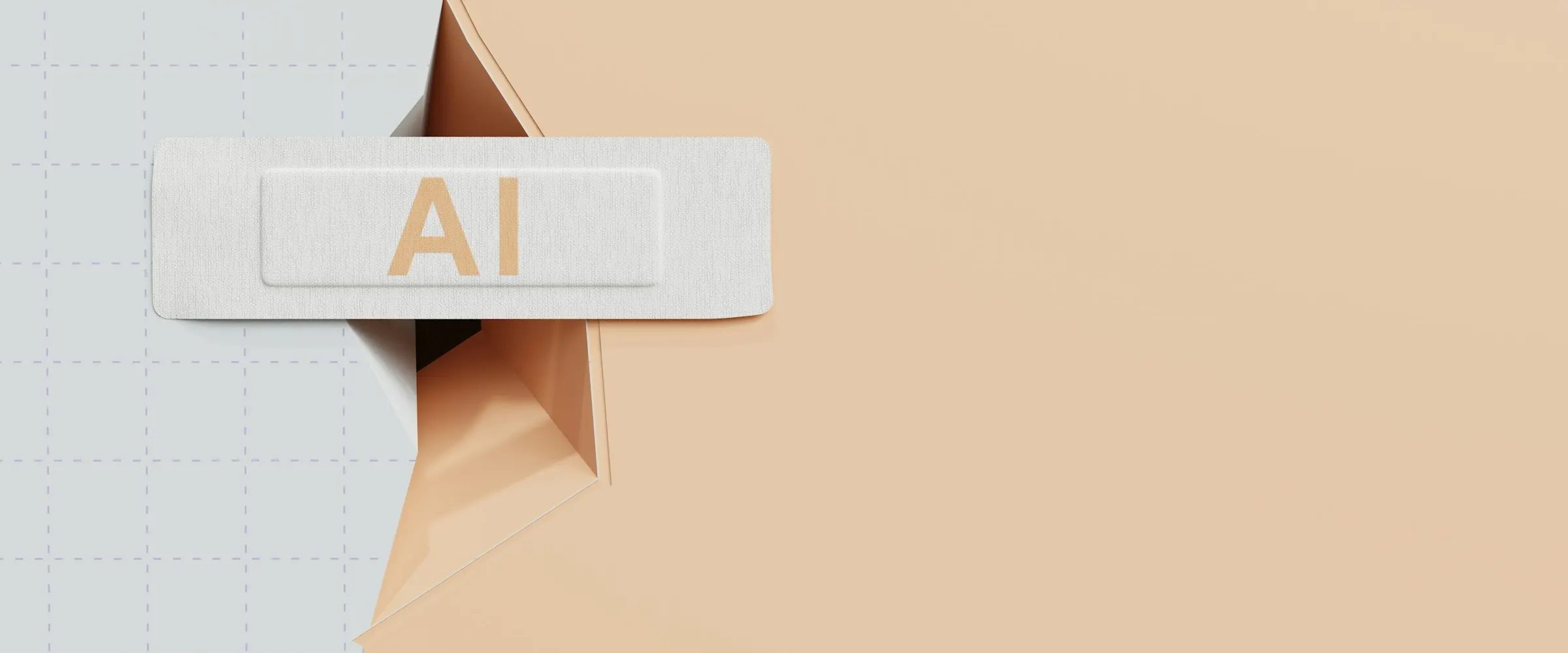 A plaster marked “AI” closes a tear between a squared sheet and a peach-coloured wall.