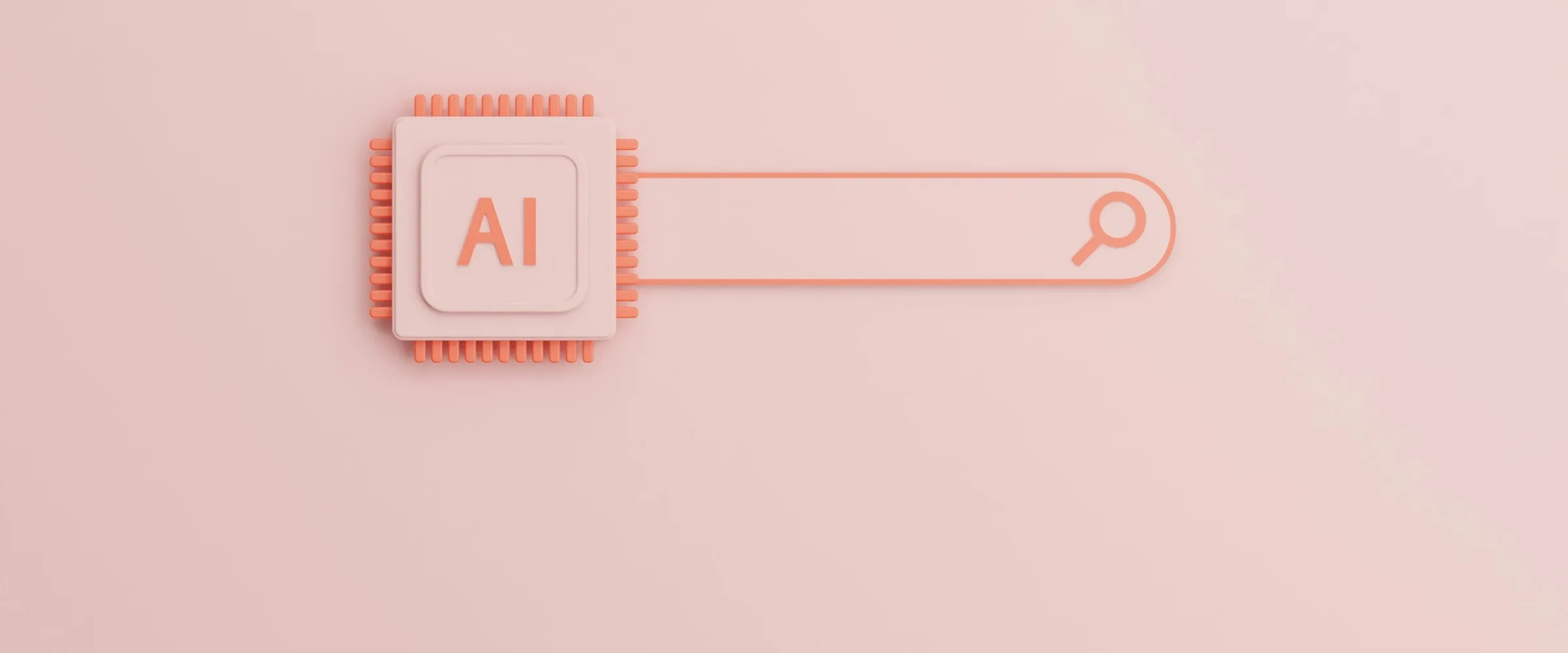 A chip marked “AI” joined to a search bar, in coral relief on a powder-pink background.