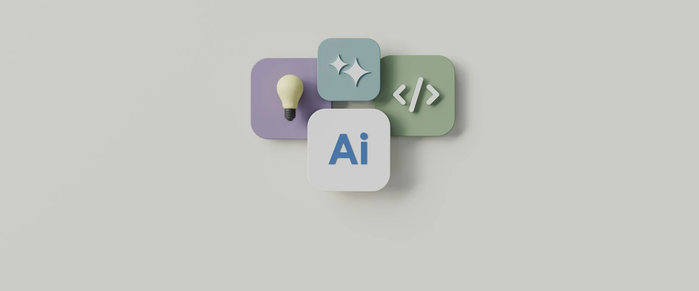 Four raised tiles on a light grey background: a light bulb, two stars, a code tag and the letters “Ai”.